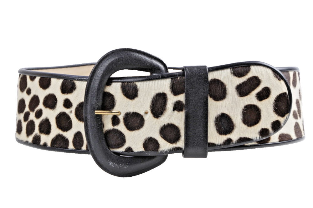 Vintage Anne Klein Leopard Print Calf Hair Wide Waist Belt Black Buckle Size S